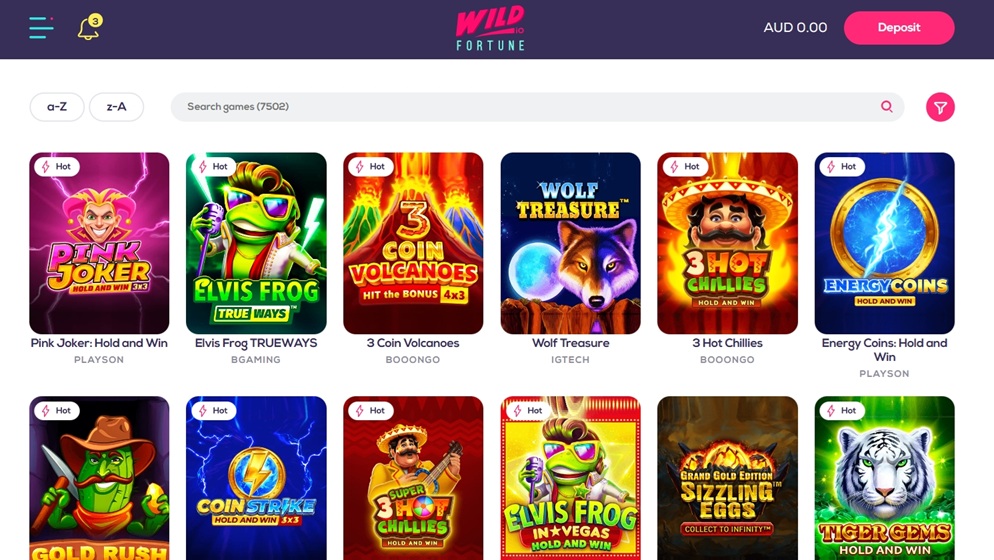Slot-Übersicht im Krypto-Casino Wild Fortune mit Spielen verschiedener Anbieter