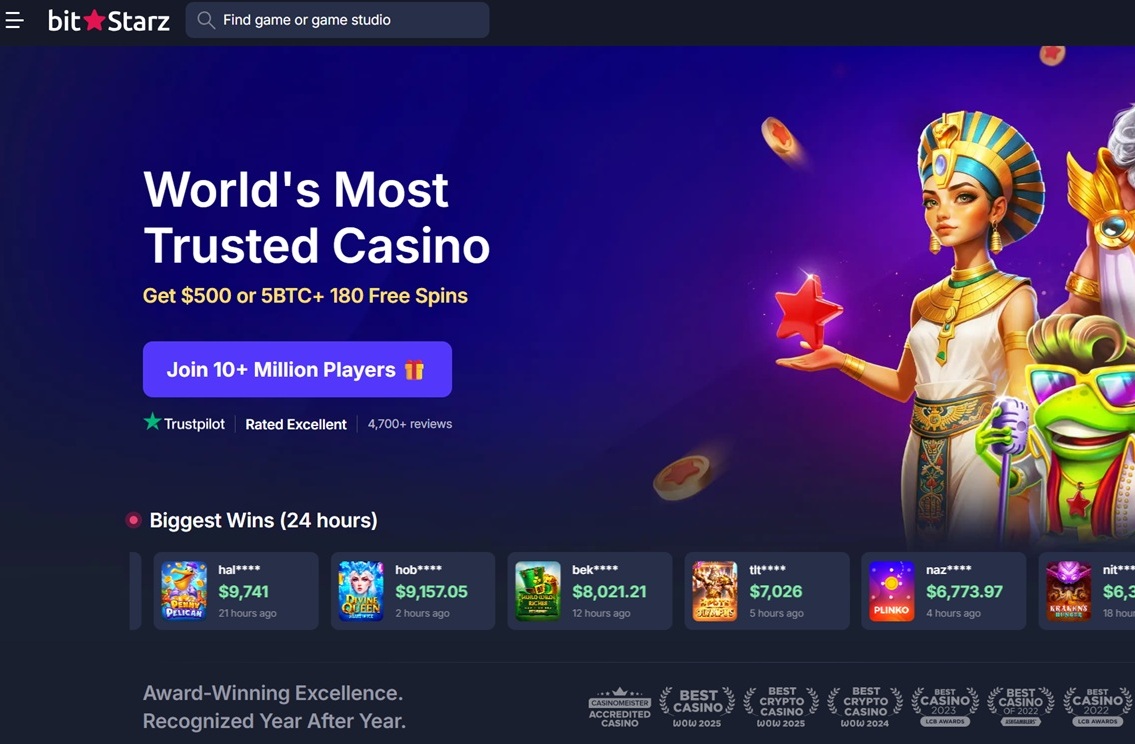 Startseite des Krypto-Casinos BitStarz mit dem Willkommensangebot und der Liste der größten Gewinne