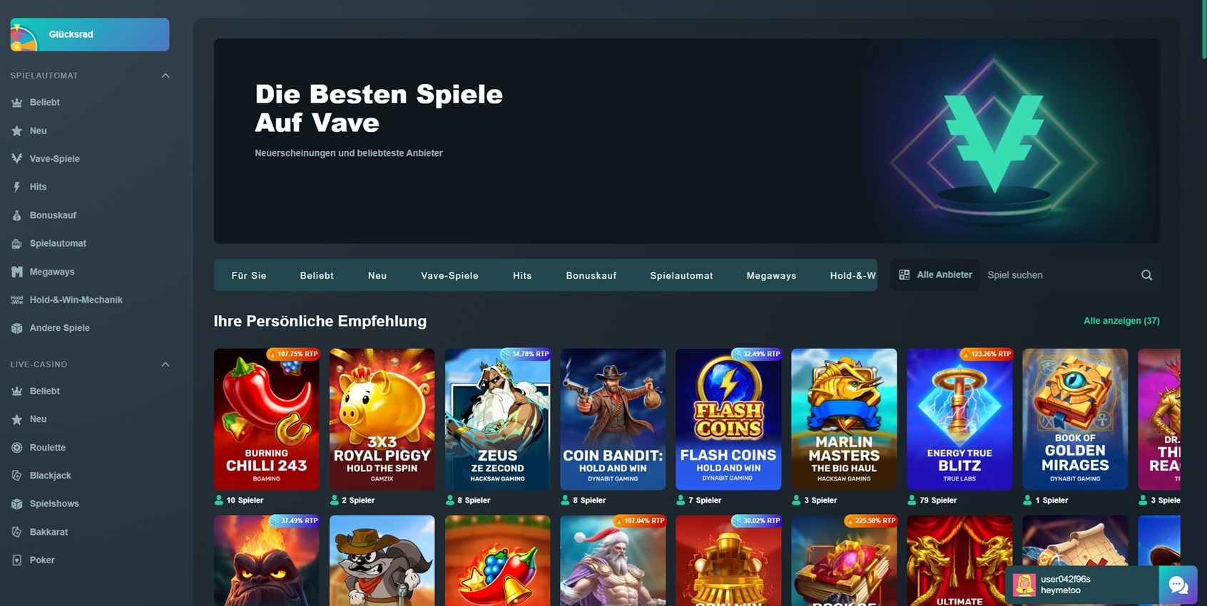 Spielelobby des Krypto-Casinos Vave mit der Überschrift Die besten Spiele auf Vave und Slot-Empfehlungen